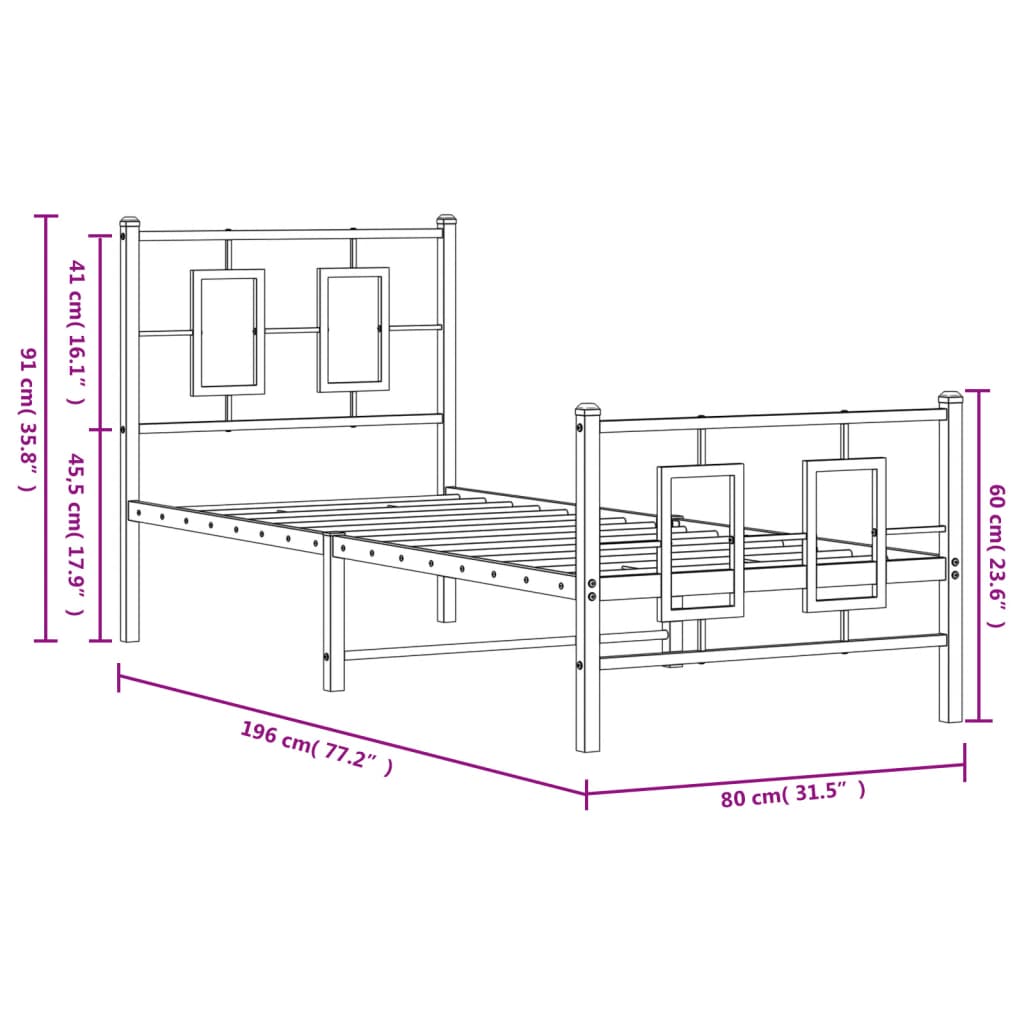 vidaXL Metalowa rama łóżka z wezgłowiem i zanóżkiem, czarna, 75x190 cm