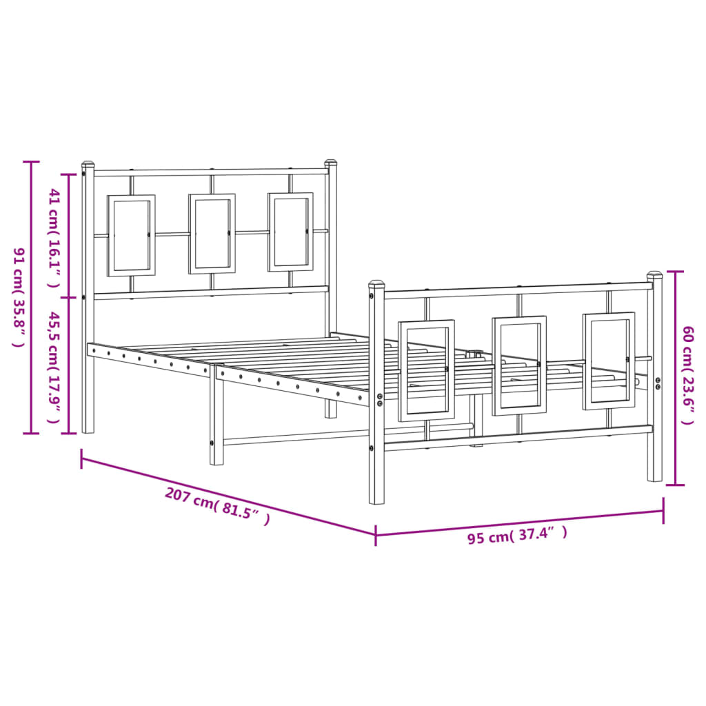 vidaXL Metalowa rama łóżka z wezgłowiem i zanóżkiem, czarna, 90x200 cm