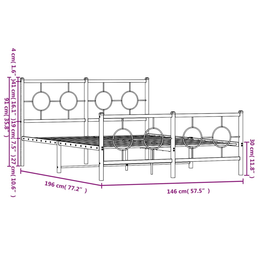 vidaXL Metalowa rama łóżka z wezgłowiem i zanóżkiem, czarna, 140x190cm
