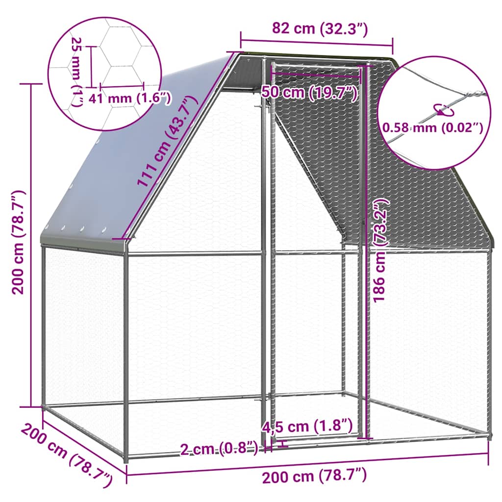 vidaXL Klatka dla kurcząt, srebrno-szara, 2x2x2 m, stal galwanizowana