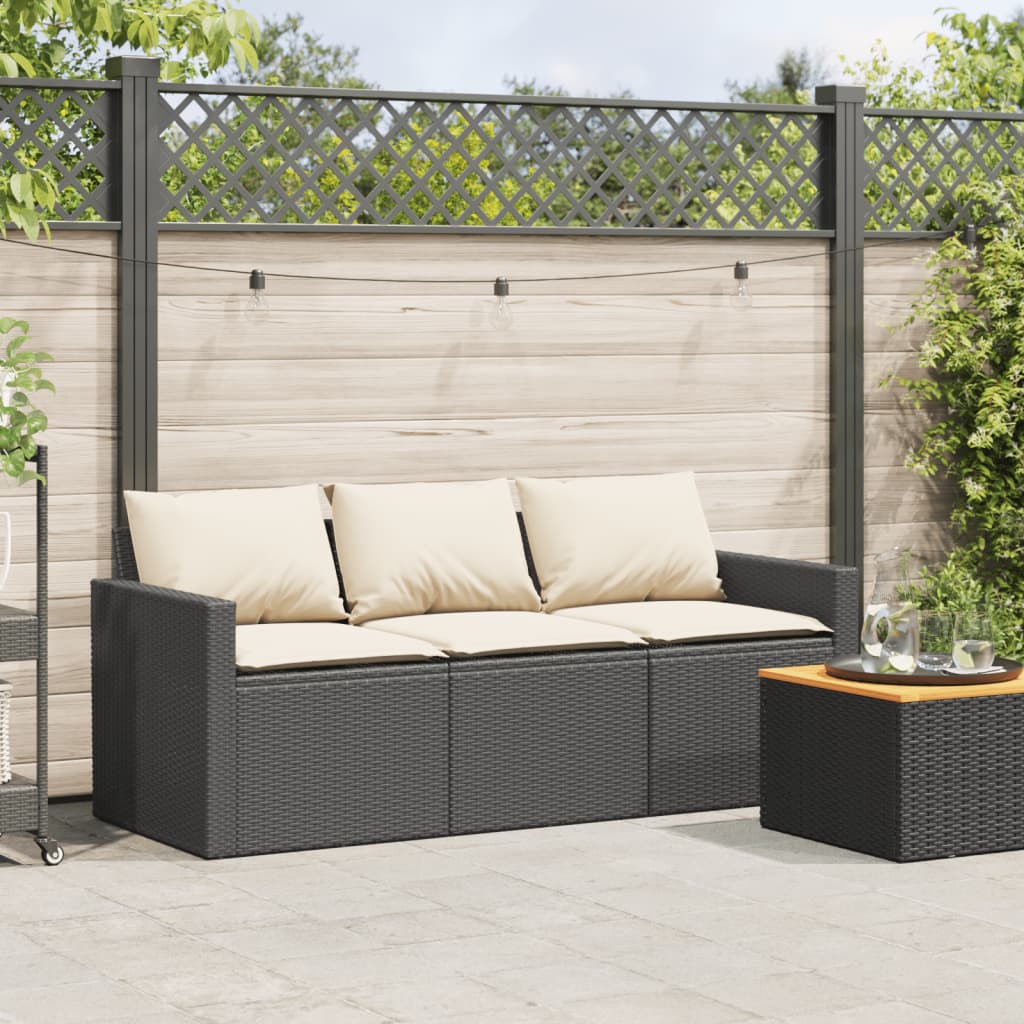 vidaXL Sofa ogrodowa z poduszkami, 3-osobowa, czarna, polirattan