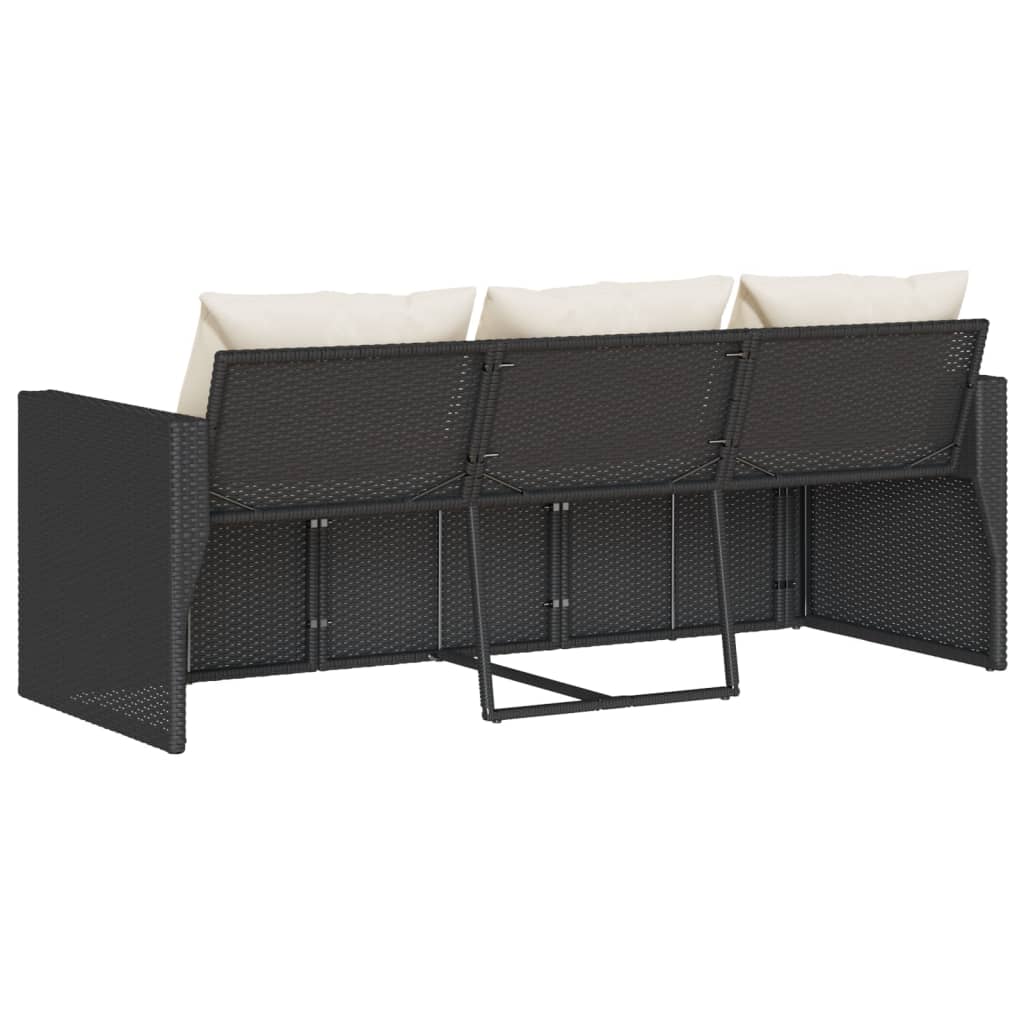 vidaXL Sofa ogrodowa z poduszkami, 3-osobowa, czarna, polirattan