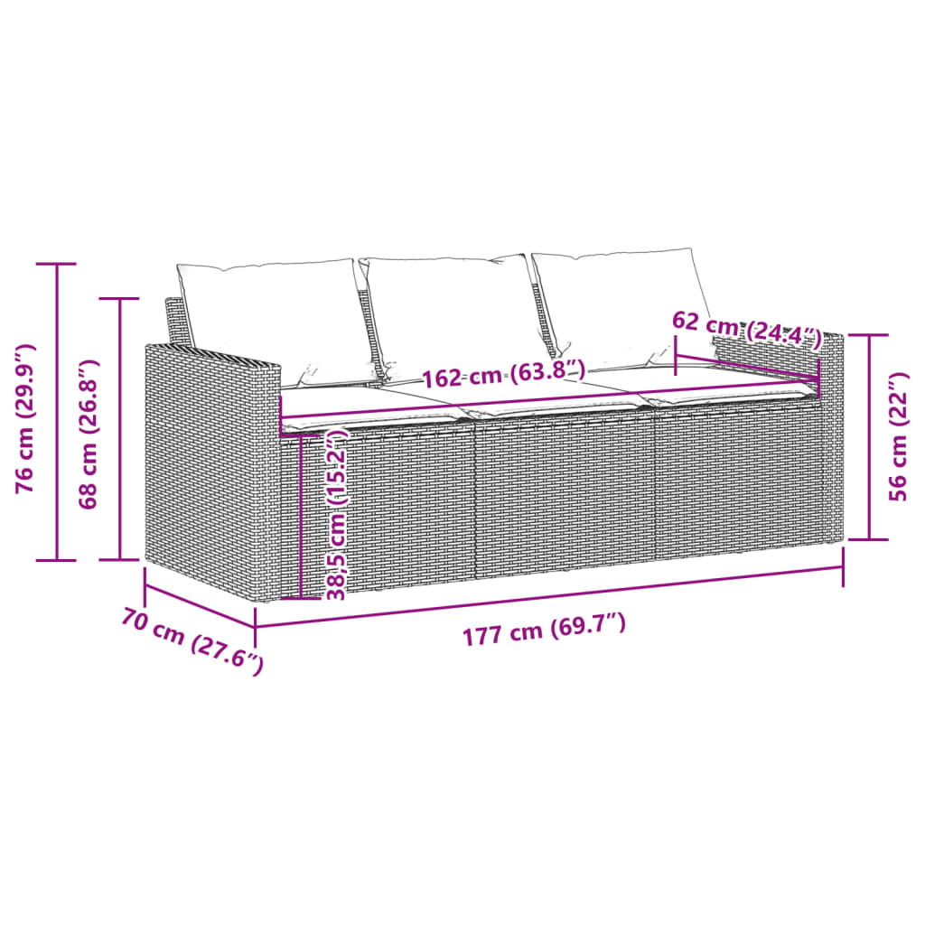 vidaXL Sofa ogrodowa z poduszkami, 3-osobowa, czarna, polirattan