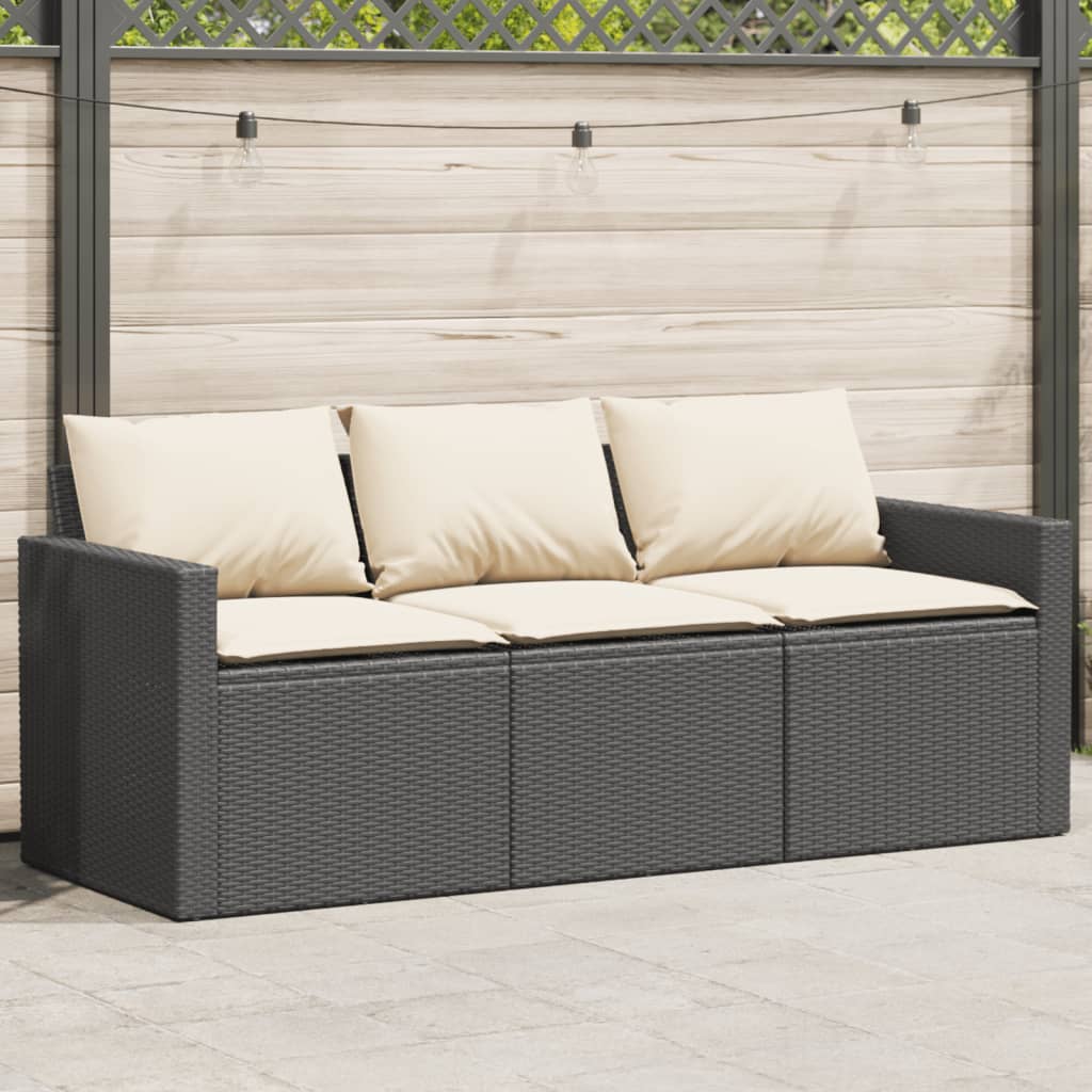 vidaXL Sofa ogrodowa z poduszkami, 3-osobowa, czarna, polirattan