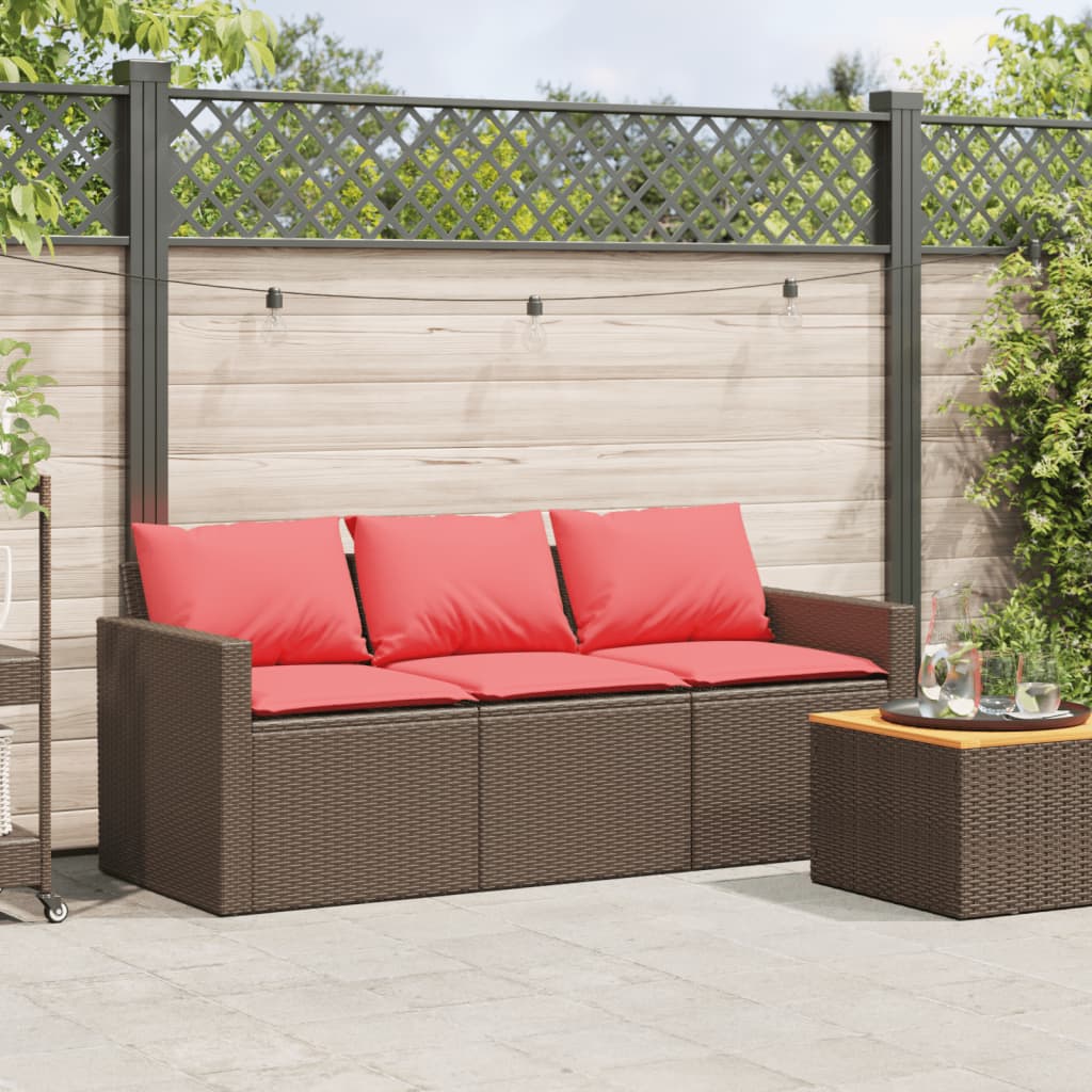 vidaXL Sofa ogrodowa z poduszkami, 3-osobowa, brązowa, polirattan