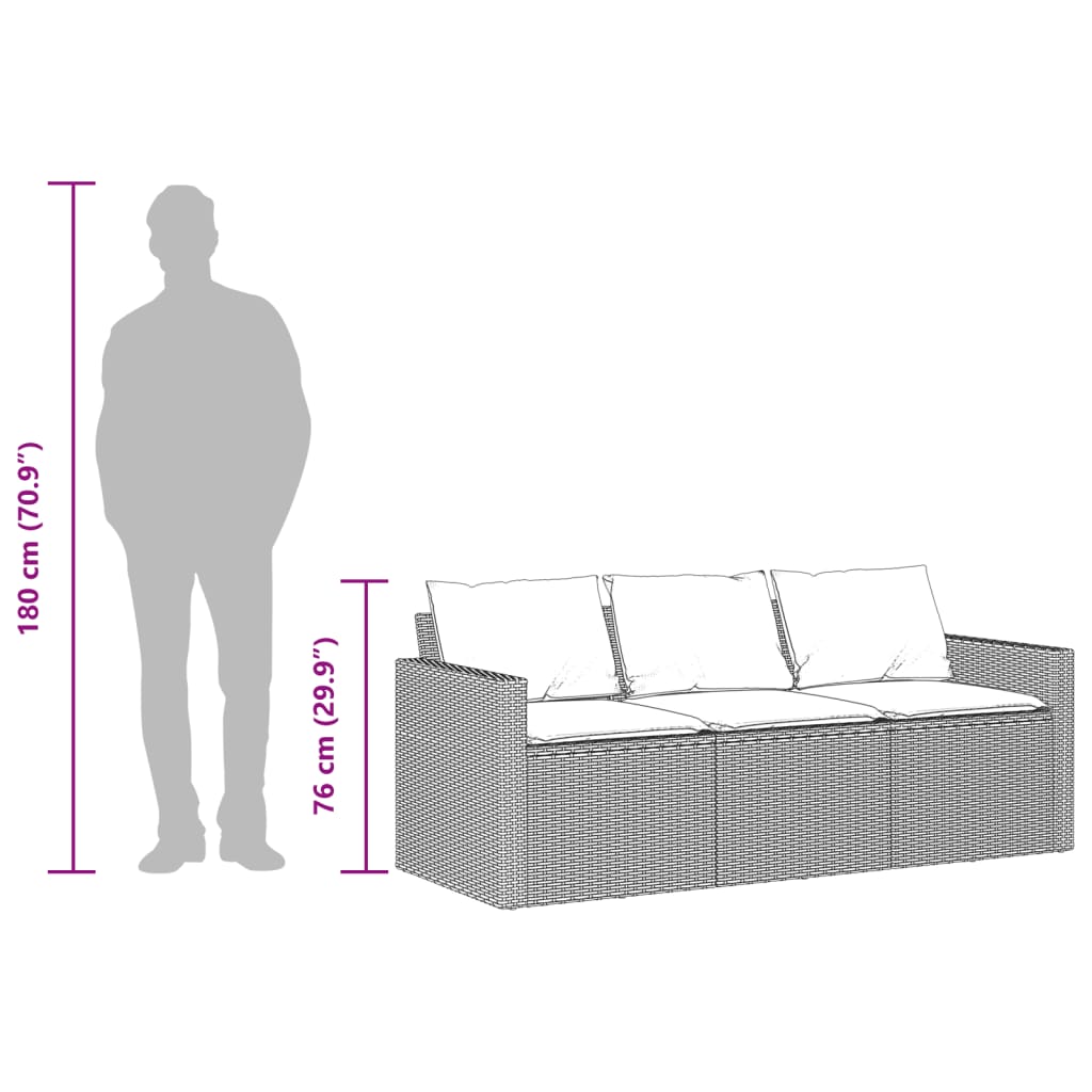 vidaXL Sofa ogrodowa z poduszkami, 3-osobowa, brązowa, polirattan