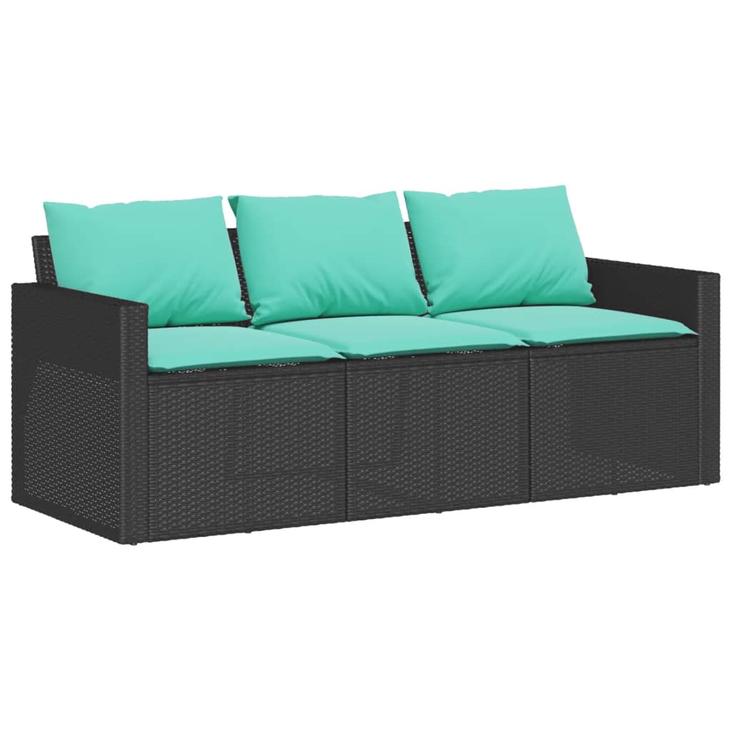 vidaXL Sofa ogrodowa z poduszkami, 3-osobowa, czarna, polirattan