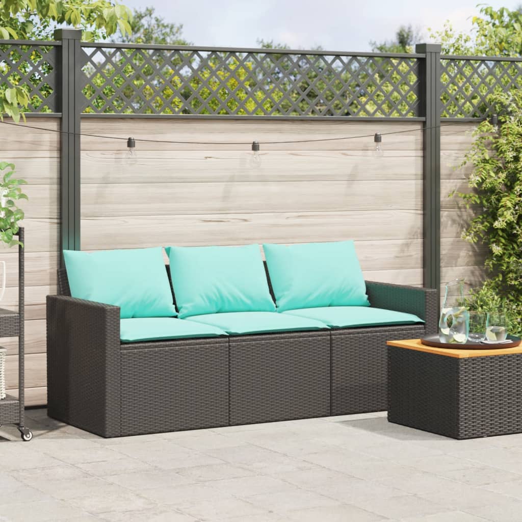 vidaXL Sofa ogrodowa z poduszkami, 3-osobowa, czarna, polirattan
