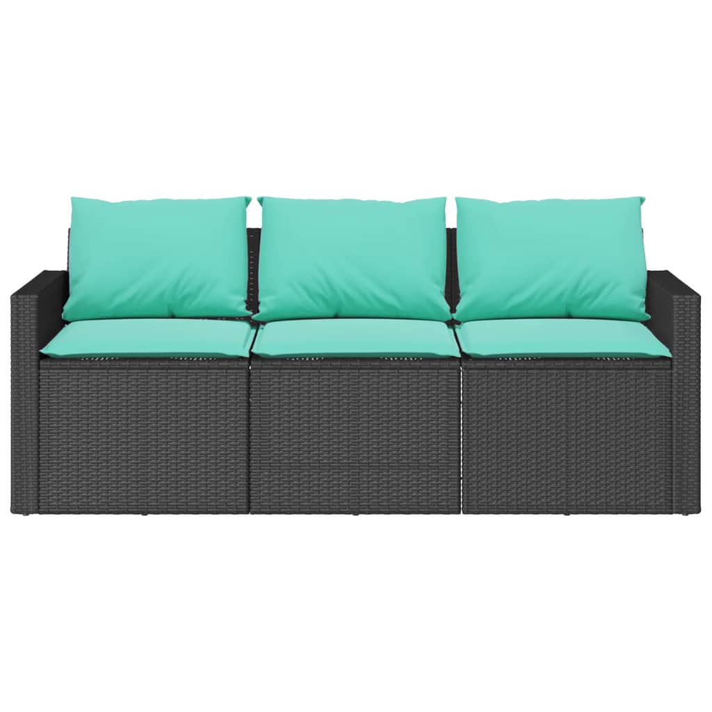 vidaXL Sofa ogrodowa z poduszkami, 3-osobowa, czarna, polirattan