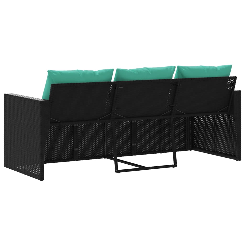 vidaXL Sofa ogrodowa z poduszkami, 3-osobowa, czarna, polirattan