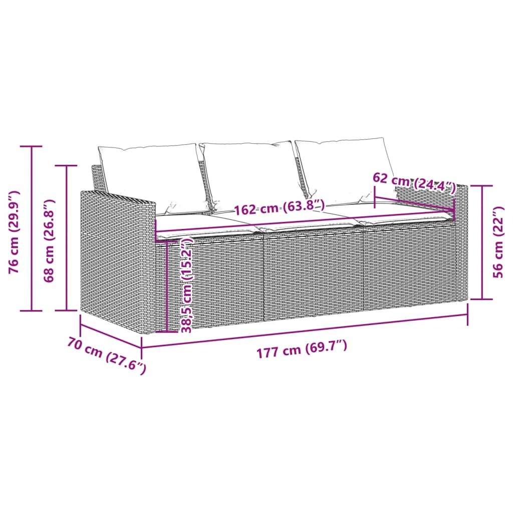 vidaXL Sofa ogrodowa z poduszkami, 3-osobowa, czarna, polirattan