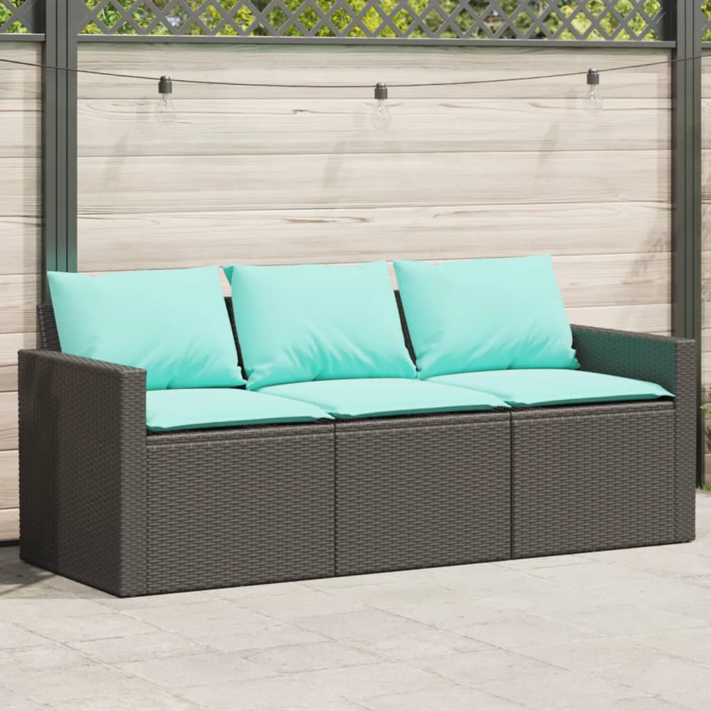 vidaXL Sofa ogrodowa z poduszkami, 3-osobowa, czarna, polirattan