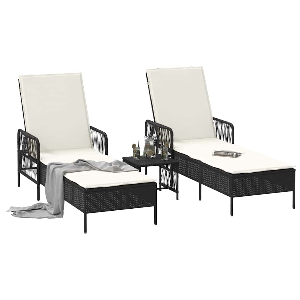 vidaXL Leżak 3 pcs Czarny i kremowo-biały 55 x 200 x 92 cm polirattan