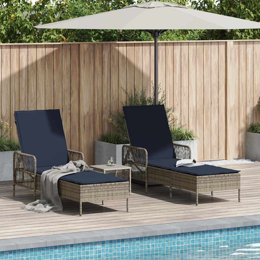 vidaXL Leżak 3 pcs Szary i granatowy 200 x 55 x 92 cm polirattan