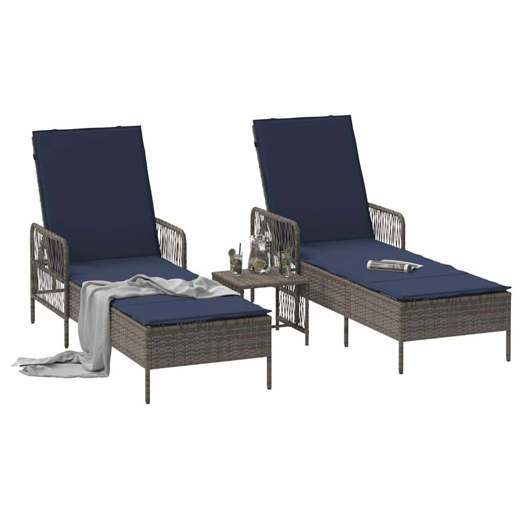 vidaXL Leżak 3 pcs Szary i granatowy 200 x 55 x 92 cm polirattan