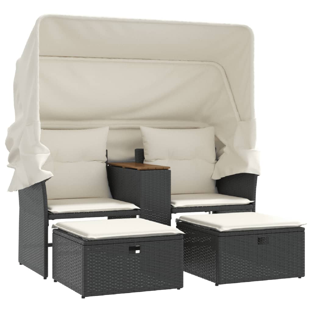 vidaXL 2-os. sofa ogrodowa z daszkiem i podnóżkami, czarna, rattan PE