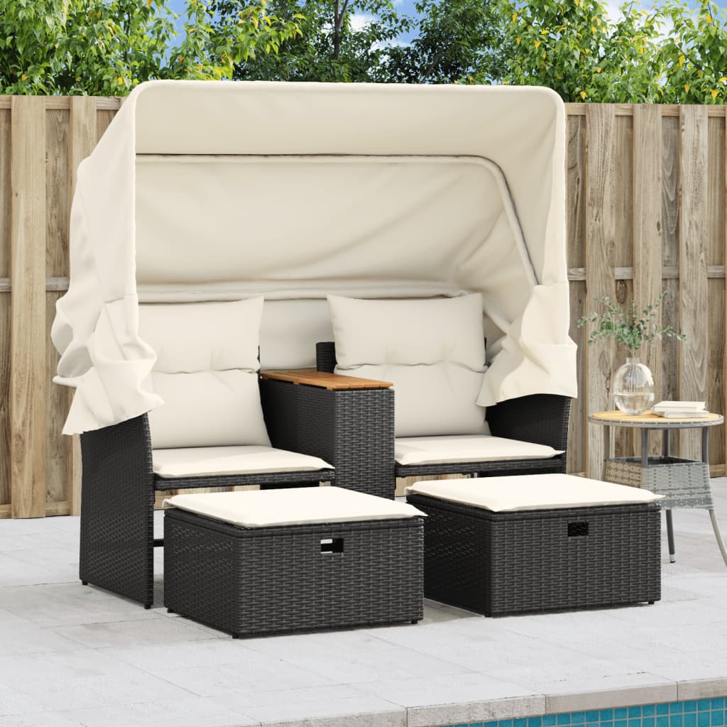vidaXL 2-os. sofa ogrodowa z daszkiem i podnóżkami, czarna, rattan PE