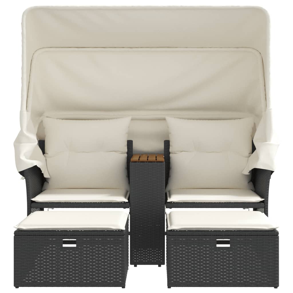 vidaXL 2-os. sofa ogrodowa z daszkiem i podnóżkami, czarna, rattan PE