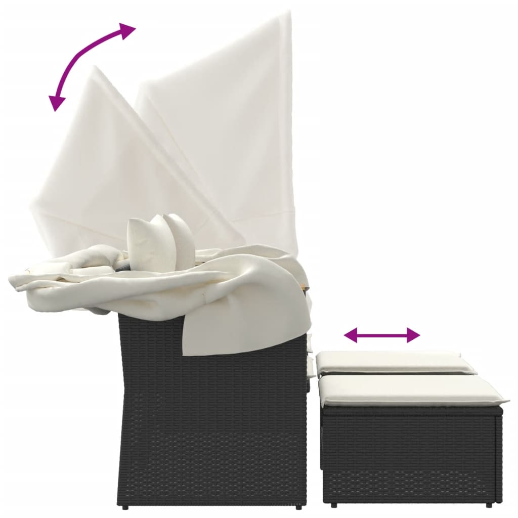 vidaXL 2-os. sofa ogrodowa z daszkiem i podnóżkami, czarna, rattan PE