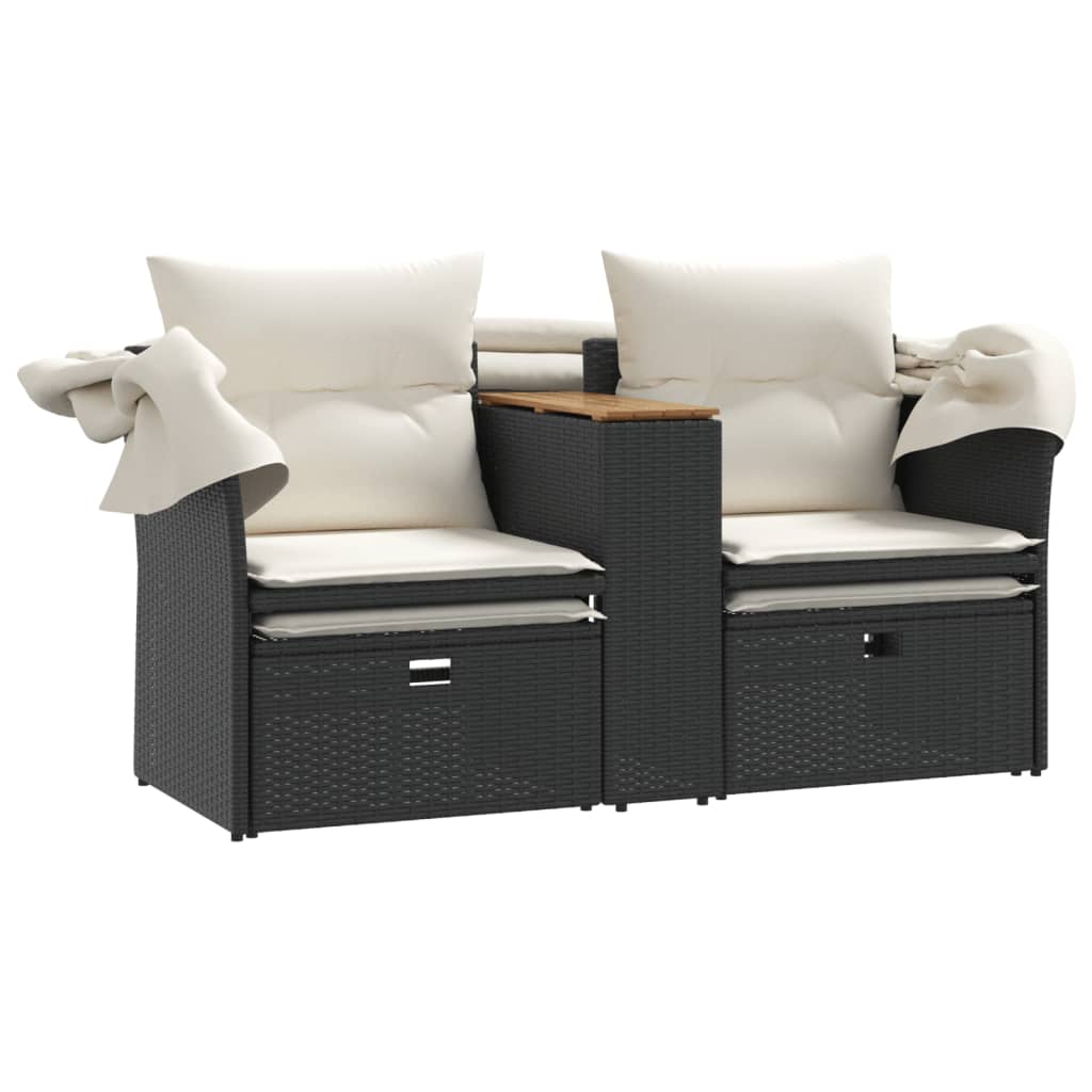 vidaXL 2-os. sofa ogrodowa z daszkiem i podnóżkami, czarna, rattan PE