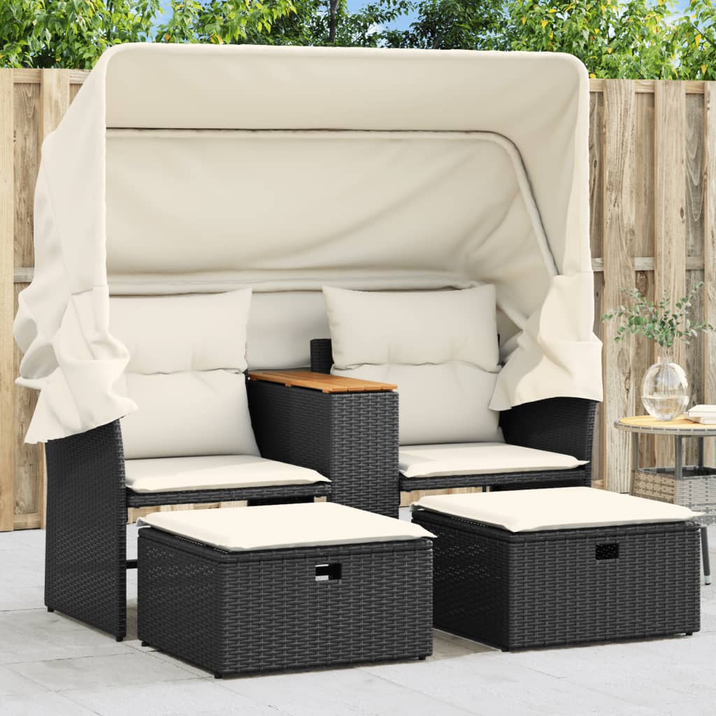 vidaXL 2-os. sofa ogrodowa z daszkiem i podnóżkami, czarna, rattan PE