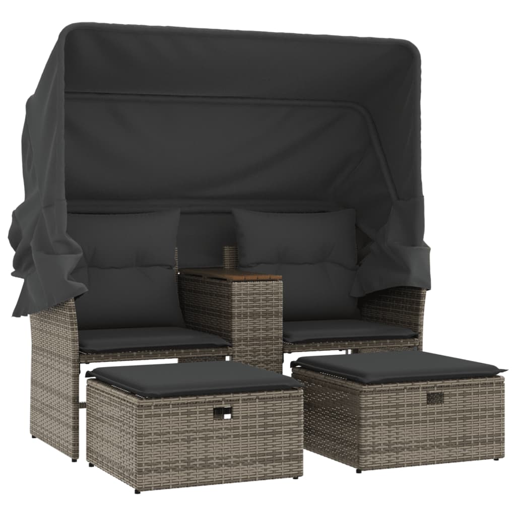 vidaXL 2-os. sofa ogrodowa z daszkiem i podnóżkami, szara, rattan PE