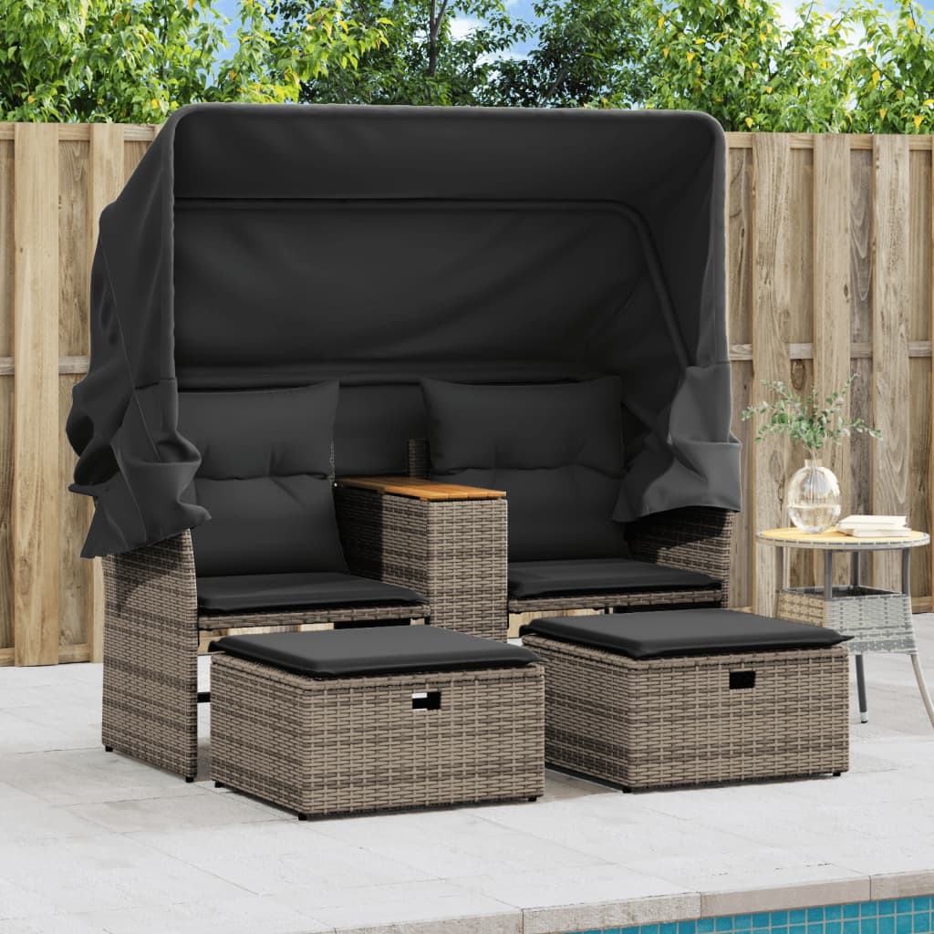 vidaXL 2-os. sofa ogrodowa z daszkiem i podnóżkami, szara, rattan PE