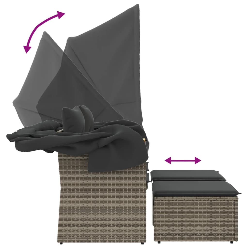 vidaXL 2-os. sofa ogrodowa z daszkiem i podnóżkami, szara, rattan PE