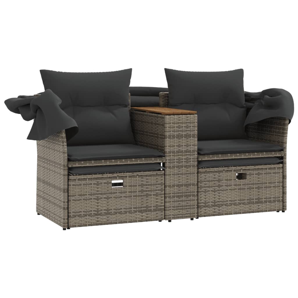 vidaXL 2-os. sofa ogrodowa z daszkiem i podnóżkami, szara, rattan PE