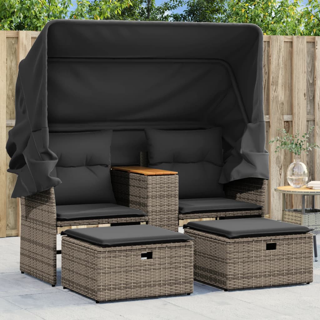 vidaXL 2-os. sofa ogrodowa z daszkiem i podnóżkami, szara, rattan PE