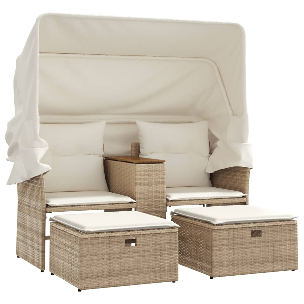 vidaXL 2-os. sofa ogrodowa z zadaszeniem i stołkami, beżowa, rattan PE