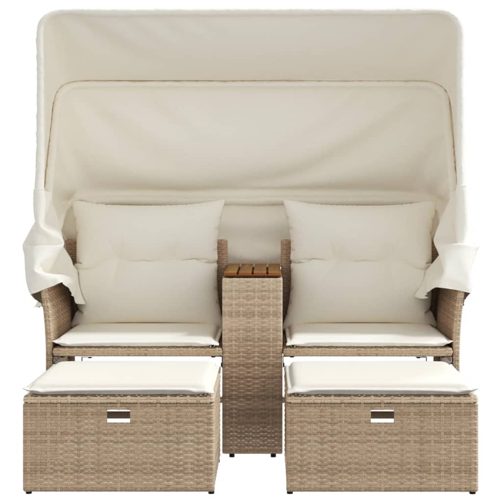 vidaXL 2-os. sofa ogrodowa z zadaszeniem i stołkami, beżowa, rattan PE