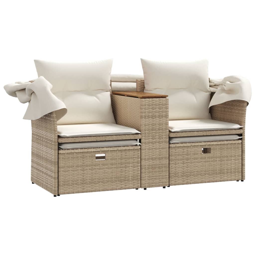 vidaXL 2-os. sofa ogrodowa z zadaszeniem i stołkami, beżowa, rattan PE