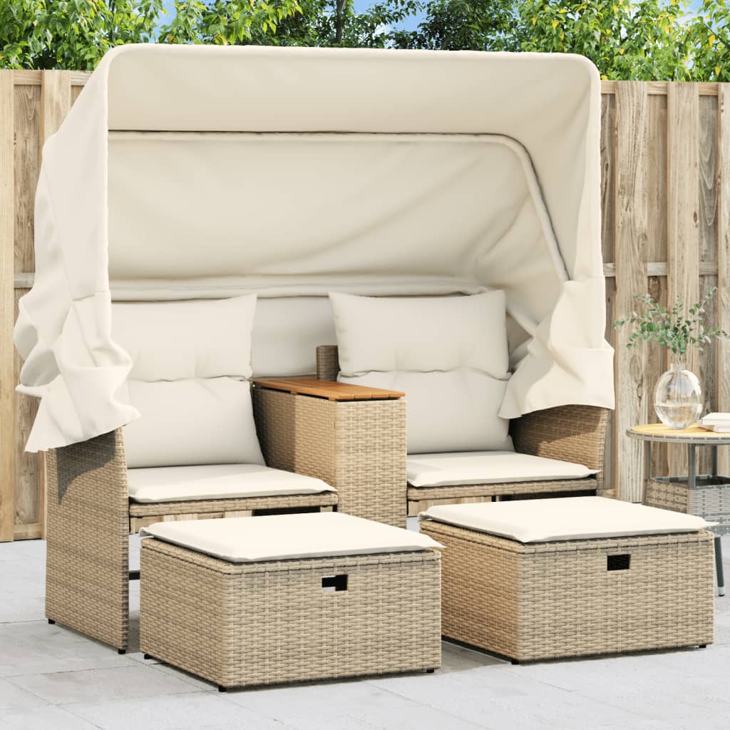 vidaXL 2-os. sofa ogrodowa z zadaszeniem i stołkami, beżowa, rattan PE