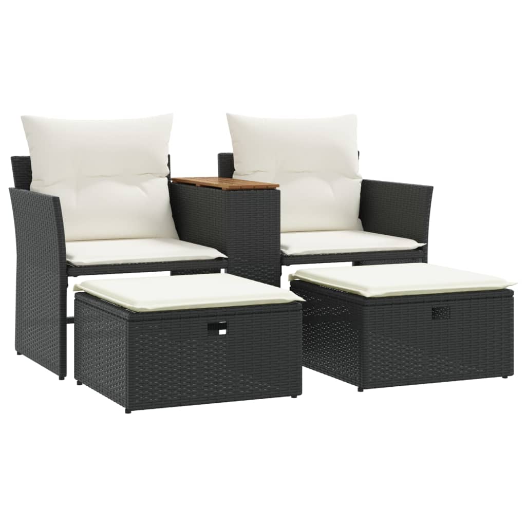 vidaXL 2-osobowa sofa ogrodowa z podnóżkami, czarna, polirattan