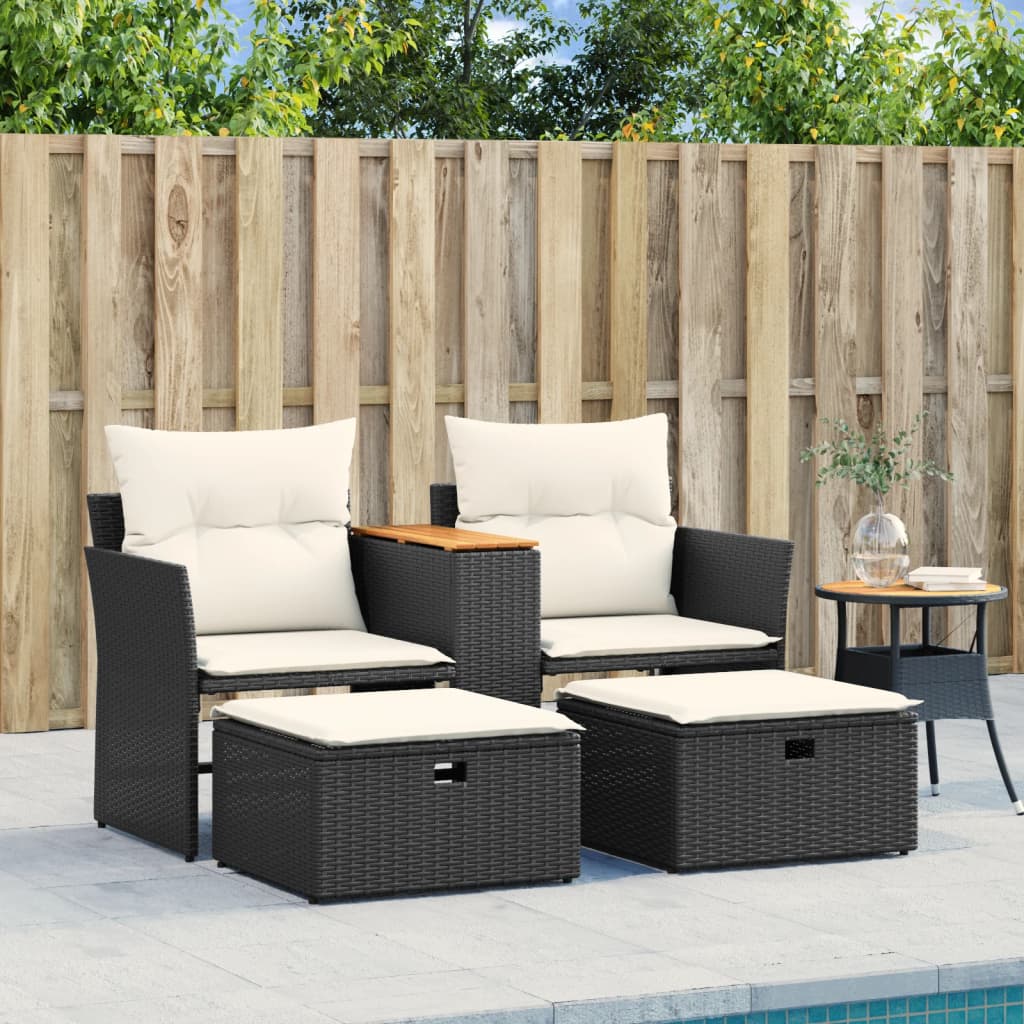 vidaXL 2-osobowa sofa ogrodowa z podnóżkami, czarna, polirattan