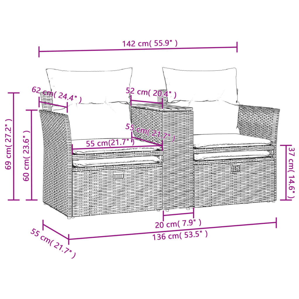 vidaXL 2-osobowa sofa ogrodowa z podnóżkami, czarna, polirattan