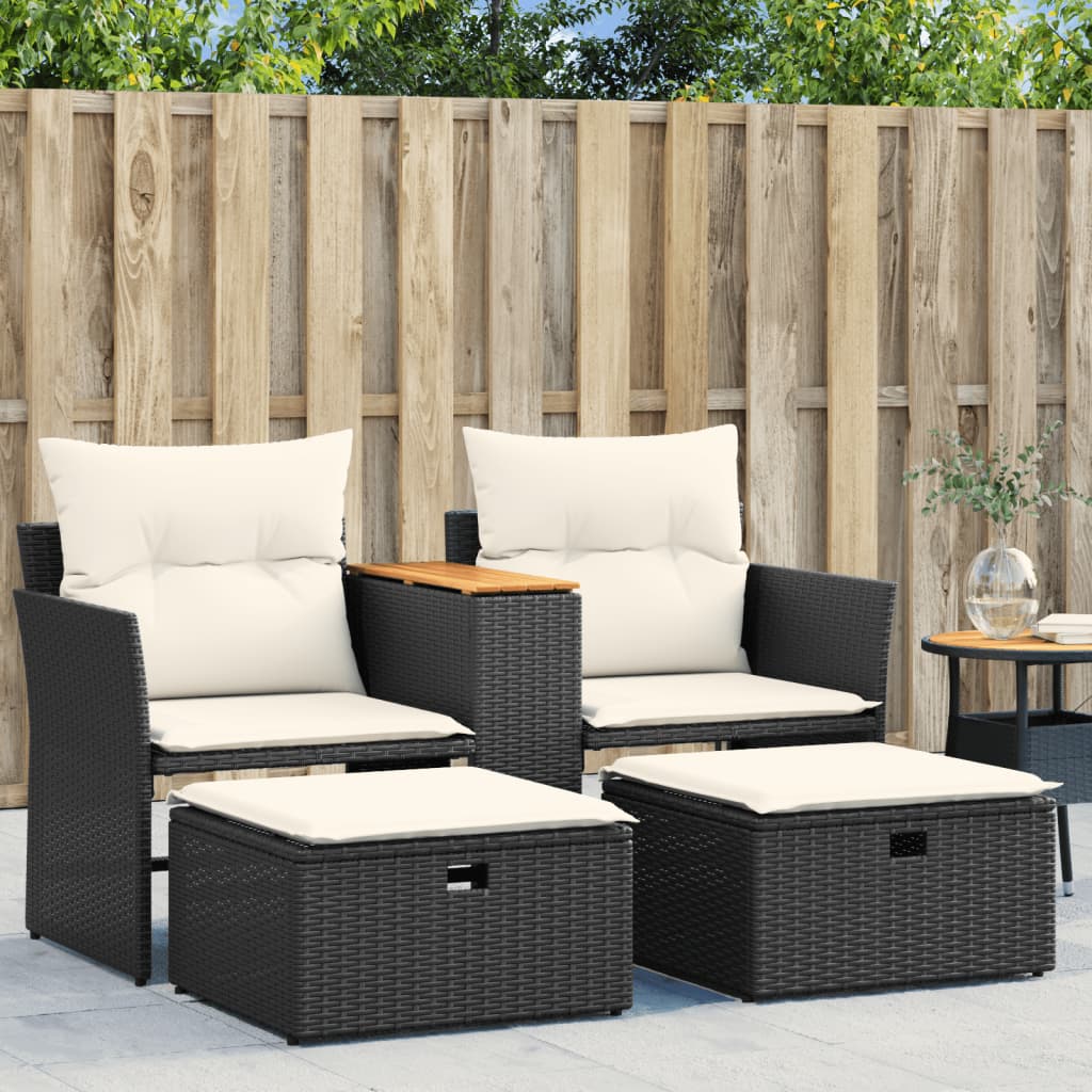 vidaXL 2-osobowa sofa ogrodowa z podnóżkami, czarna, polirattan