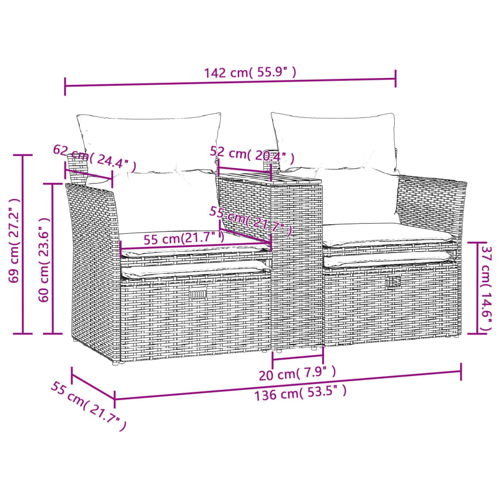 vidaXL 2-osobowa sofa ogrodowa z podnóżkami, szara, polirattan
