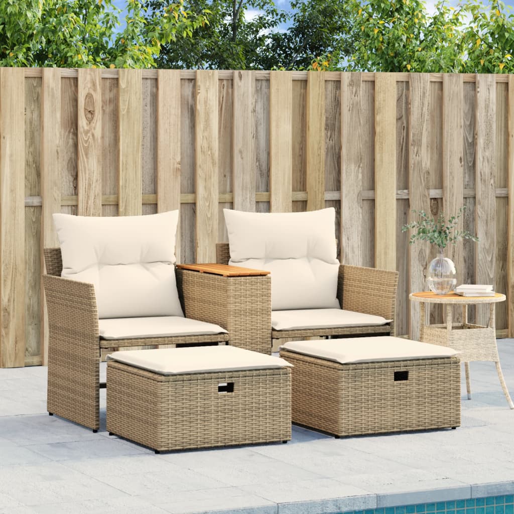 vidaXL Sofa ogrodowa 2-osobowa ze stołkami, beżowa, rattan PE