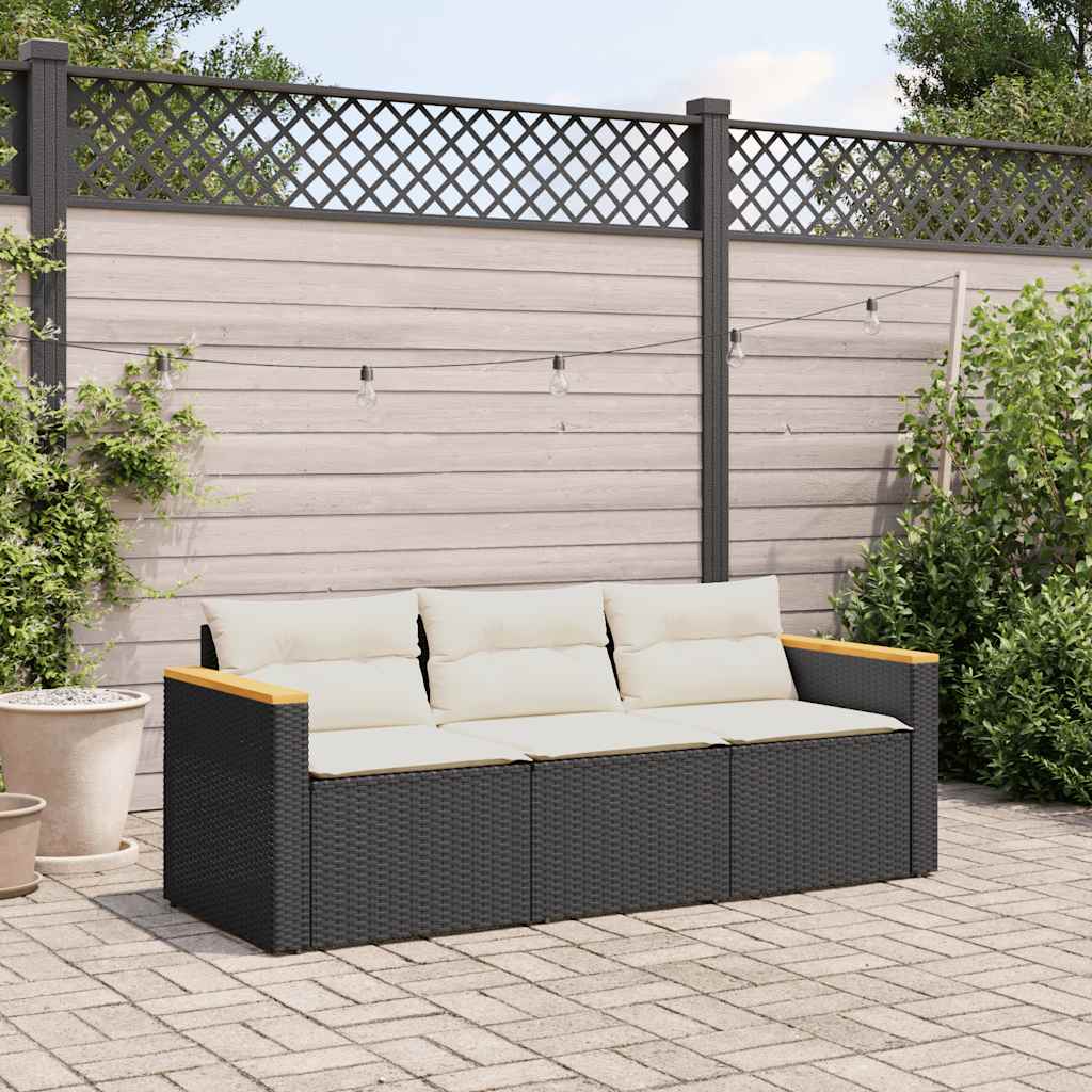 vidaXL Sofa ogrodowa z poduszkami, 3-osobowa, czarna, polirattan