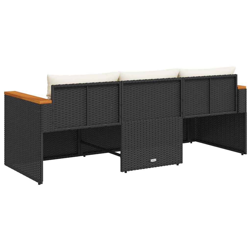 vidaXL Sofa ogrodowa z poduszkami, 3-osobowa, czarna, polirattan