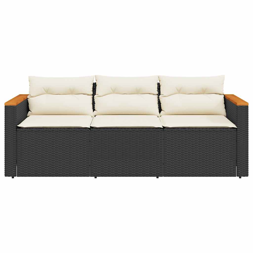 vidaXL Sofa ogrodowa z poduszkami, 3-osobowa, czarna, polirattan