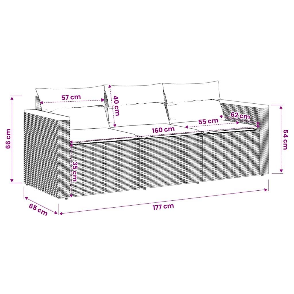 vidaXL Sofa ogrodowa z poduszkami, 3-osobowa, czarna, polirattan