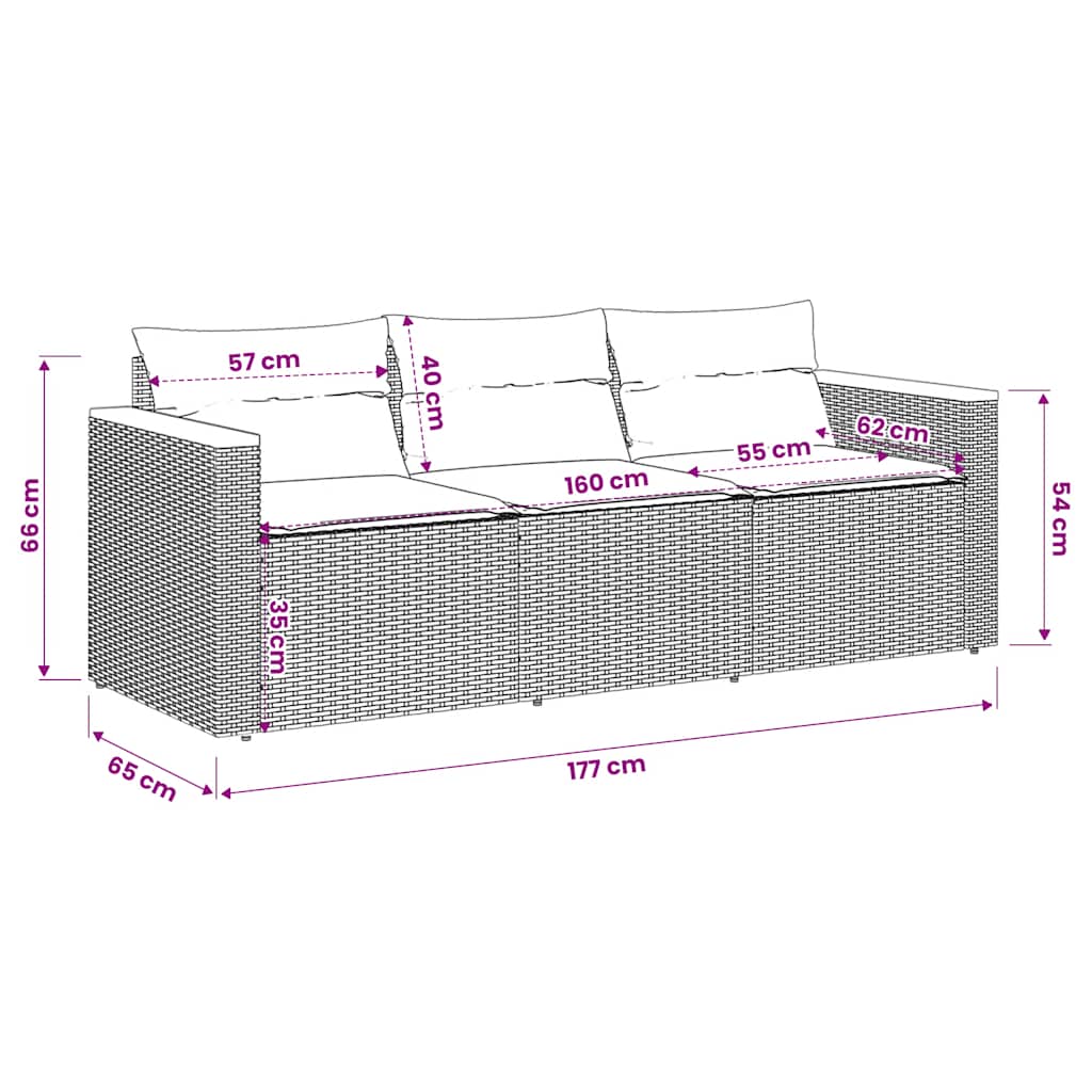 vidaXL 3-osobowa sofa ogrodowa z poduszkami, szara, polirattan