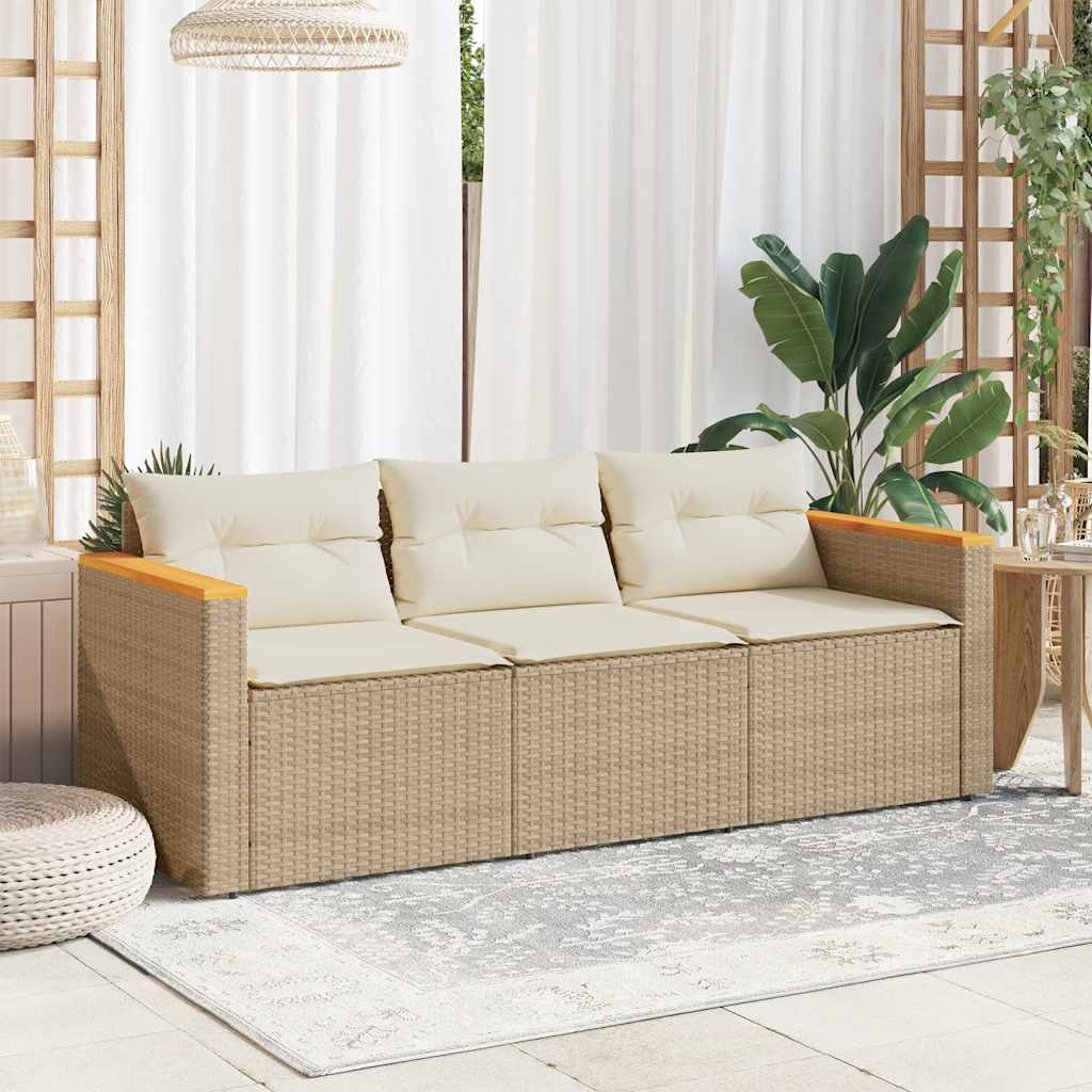 vidaXL Sofa ogrodowa z poduszkami, 3-osobowa, beż, polirattan