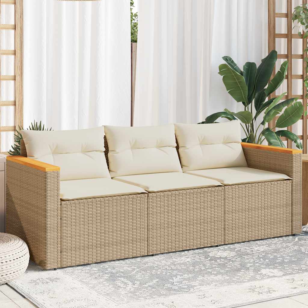 vidaXL Sofa ogrodowa z poduszkami, 3-osobowa, beż, polirattan