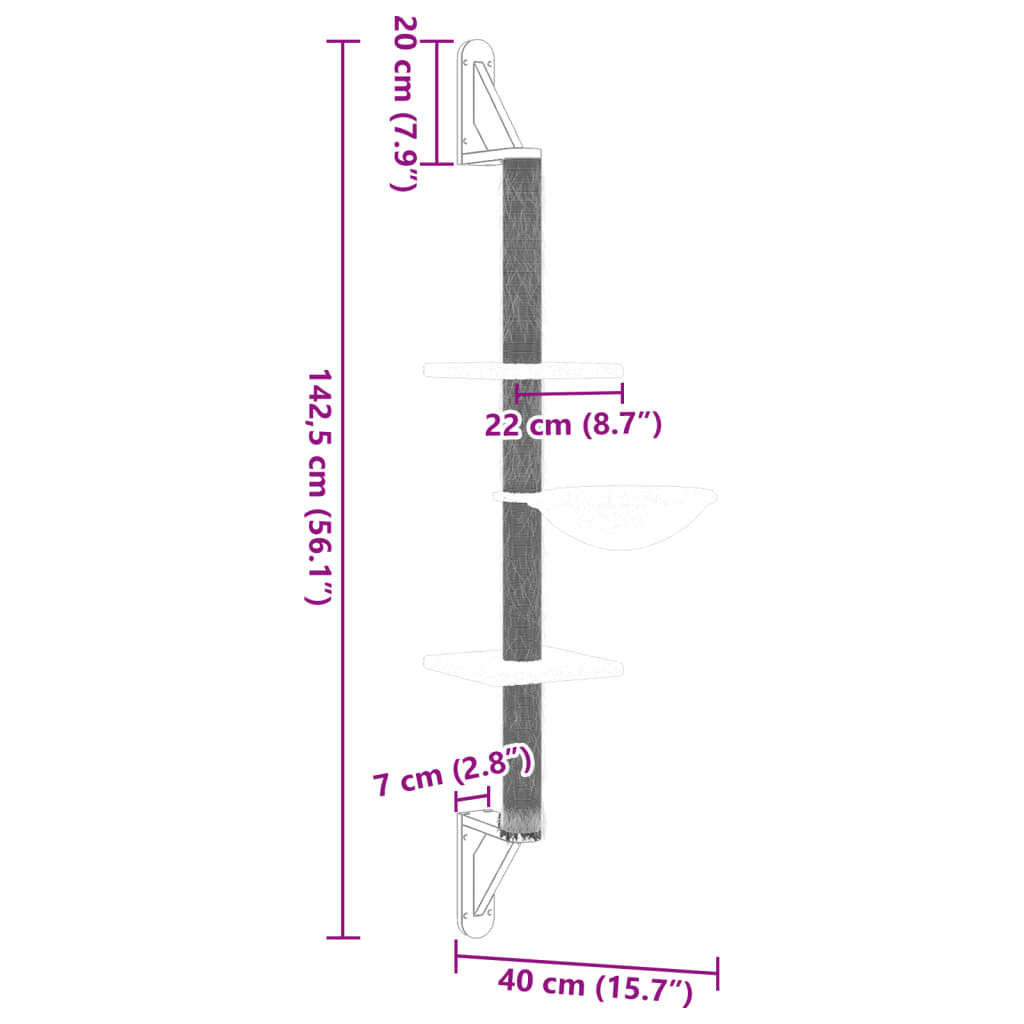 vidaXL Ścienne drzewko dla kota z drapakiem, kremowe, 142,5 cm