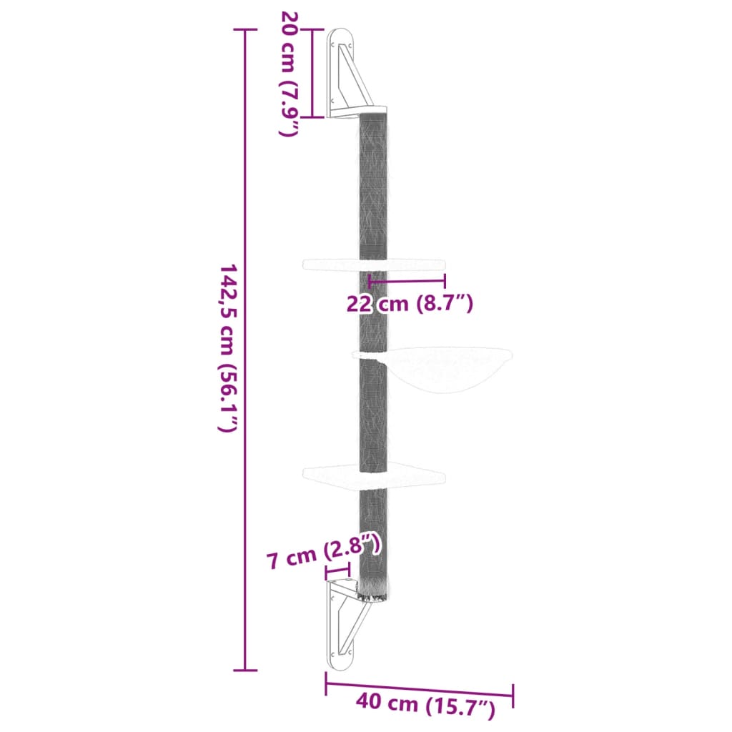vidaXL Ścienne drzewko dla kota z drapakiem, jasnoszare, 142,5 cm