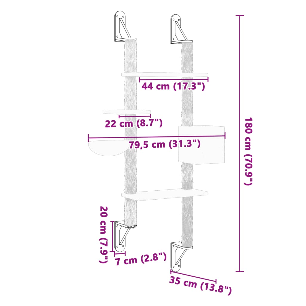 vidaXL Ścienne drzewko dla kota z drapakiem, kremowe, 180 cm